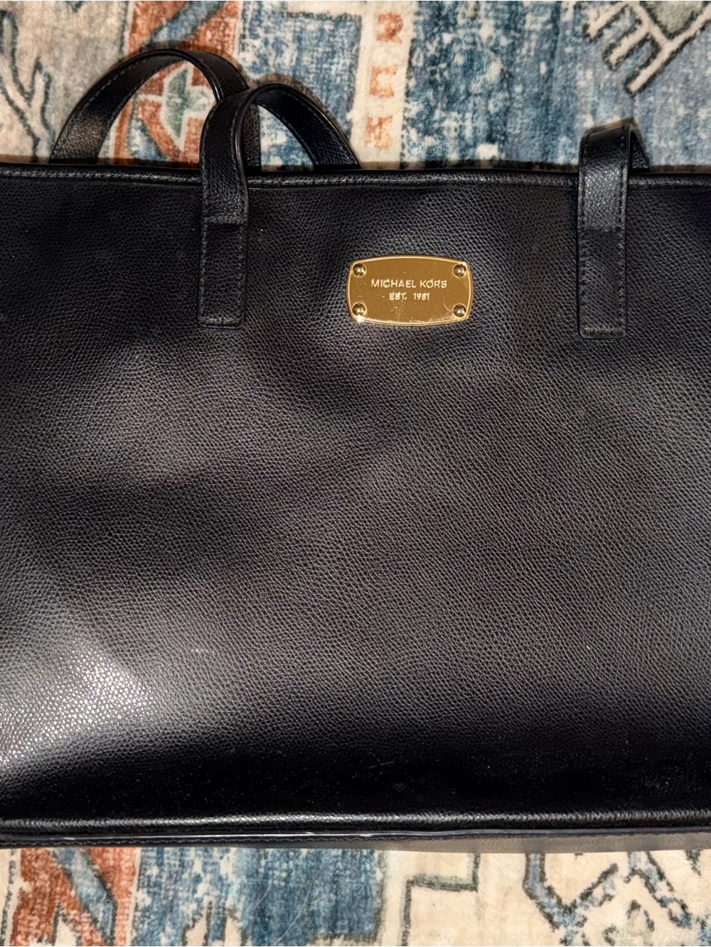 Michael Kors Black Leather Satchel with Gold Plaque